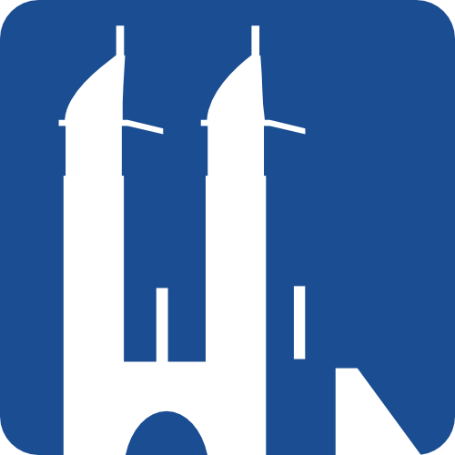 Logo Strehlen: Kirche mit 2 Türmen in blau